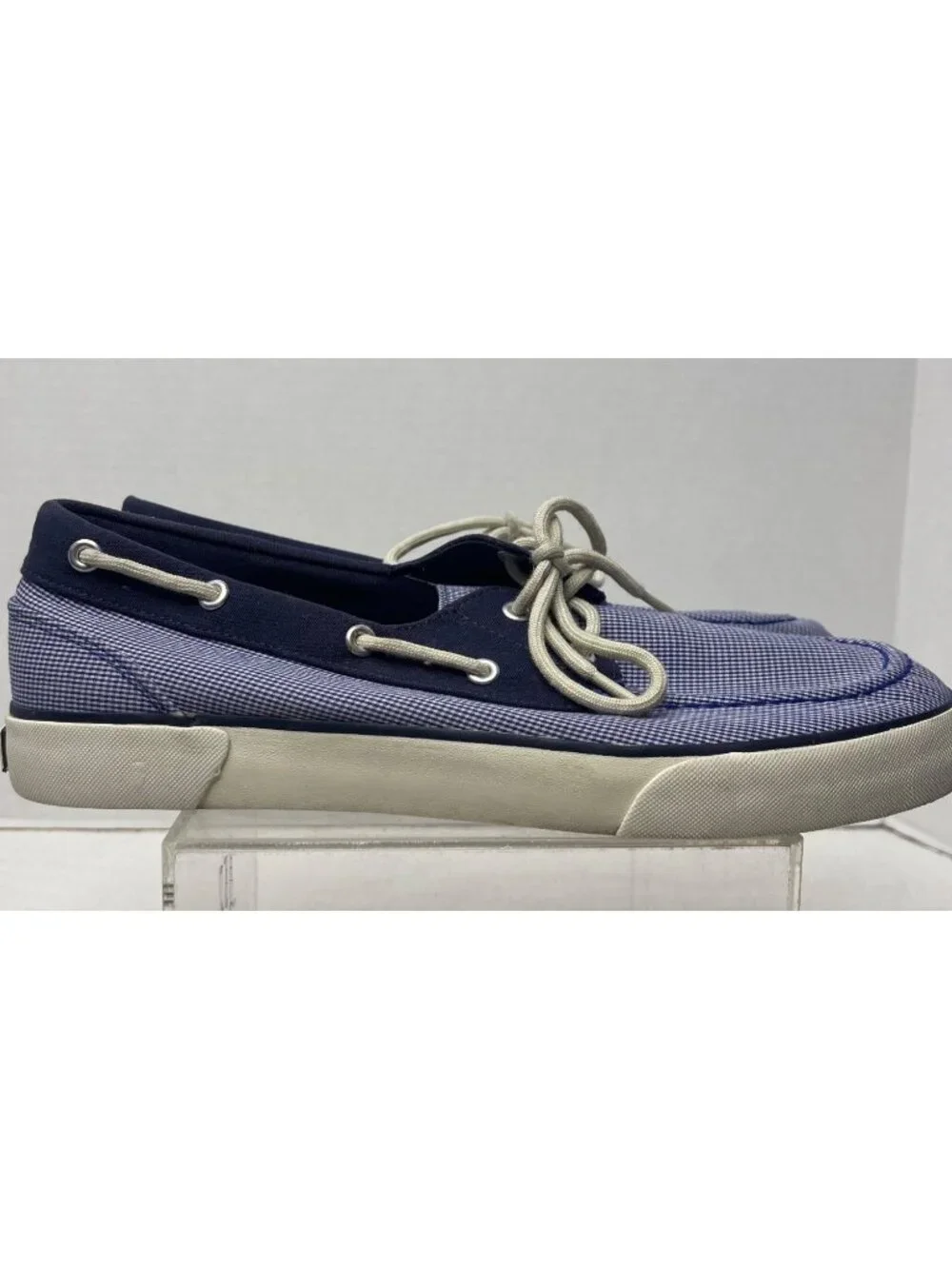 Polo Ralph Lauren Lander Mens Blue Gingham Canvas Lace-Up Boat Shoes SZ 10.5D